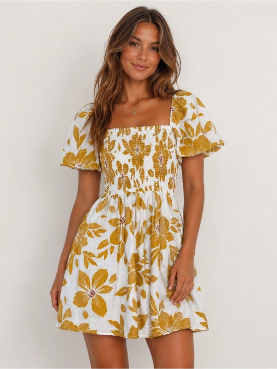 Rip Curl Dresses & Skirts - Rip Curl Mustard Floral Smocked Mini Dress | Size M